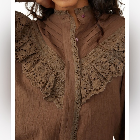 New Free People Hit The Road Brown Button Down Cotton Top Country Ruffles Small - Picture 4 of 13